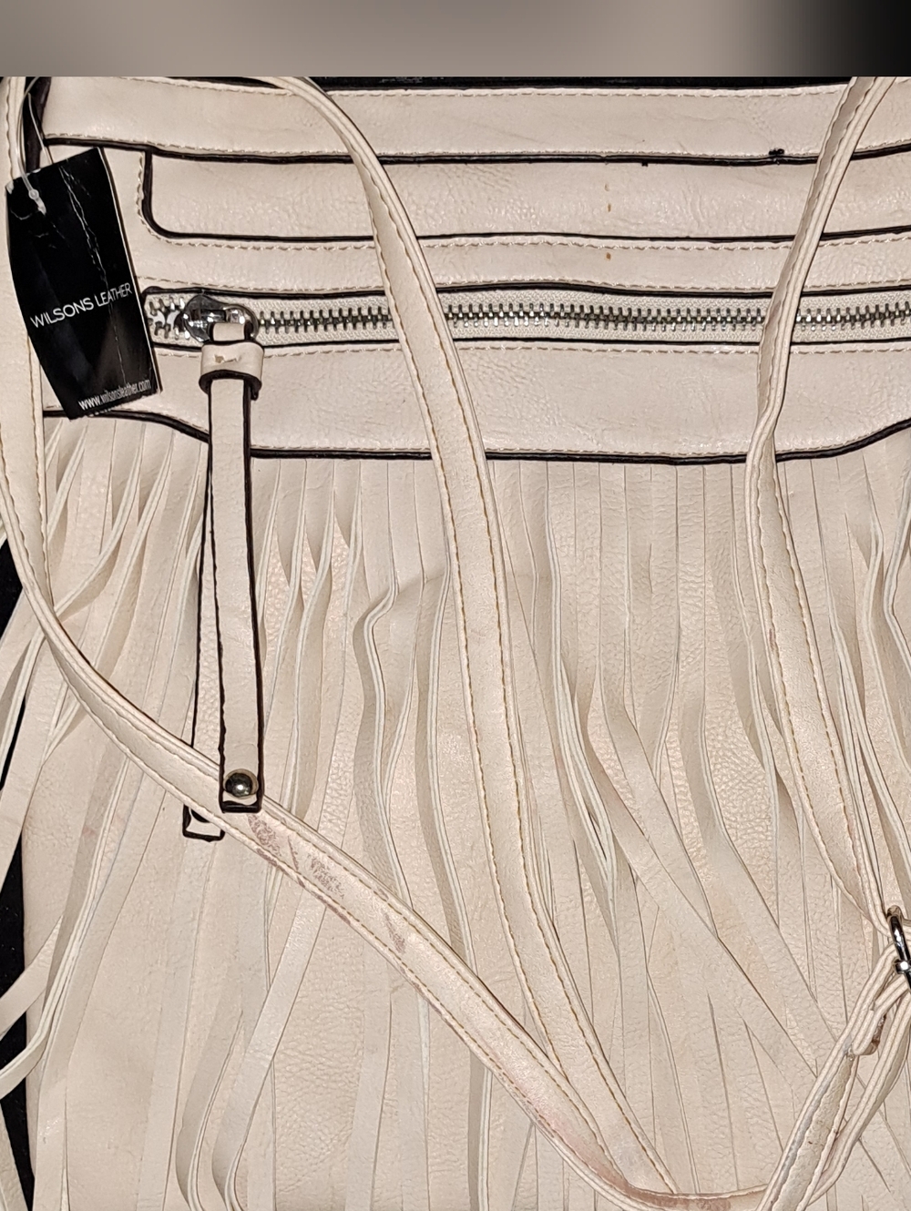 Wilsons Leather Cream Fringe Shoulder Bag with Zip Detail